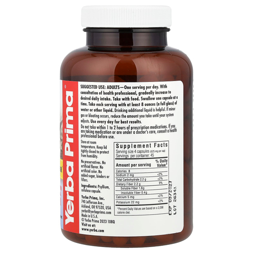 Yerba Prima, Шелуха семян подорожника, 180 вегетарианских капсул