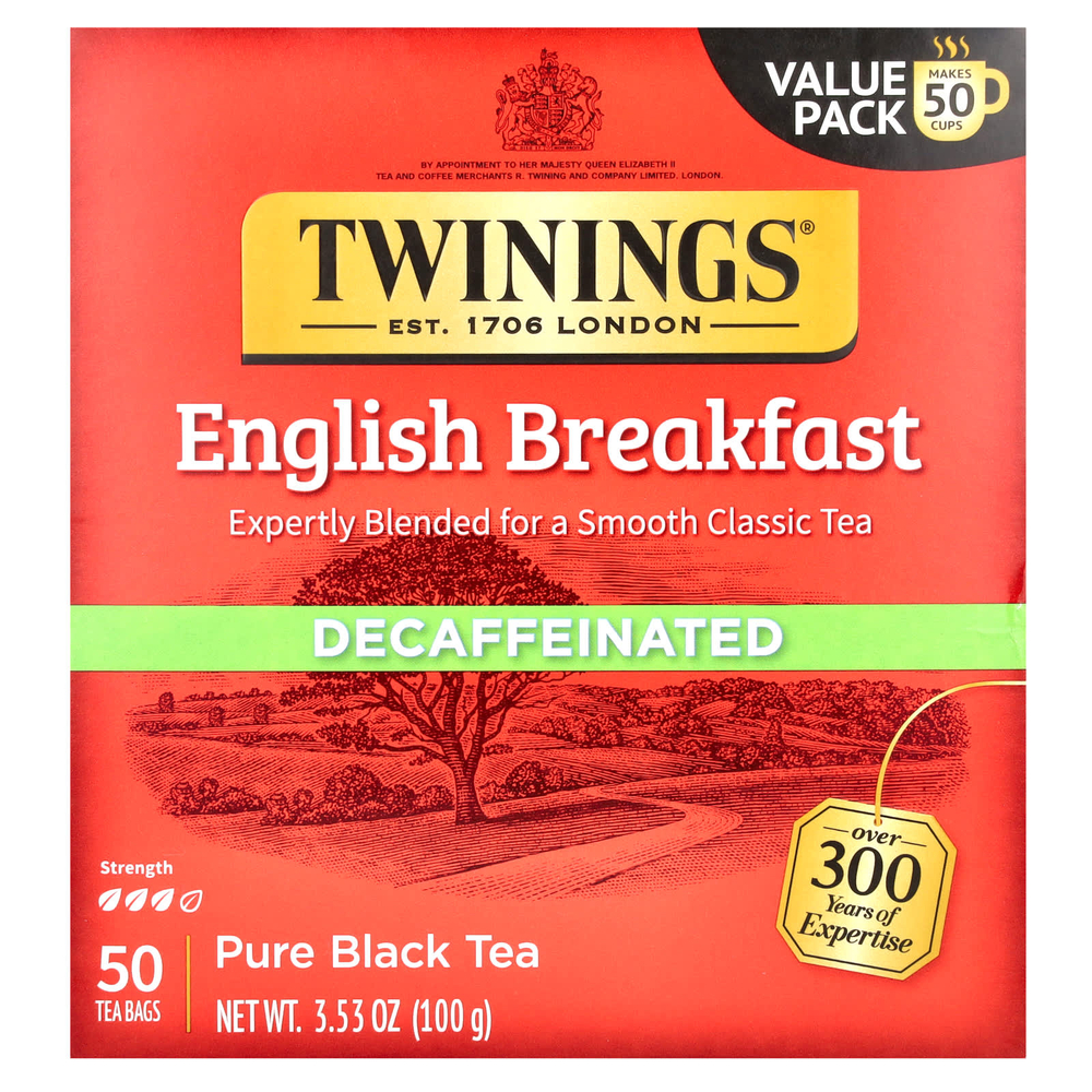 Twinings, чистый черный чай, "Английский завтрак", без кофеина, 50 чайных пакетиков, 100 г (3,53 унции)