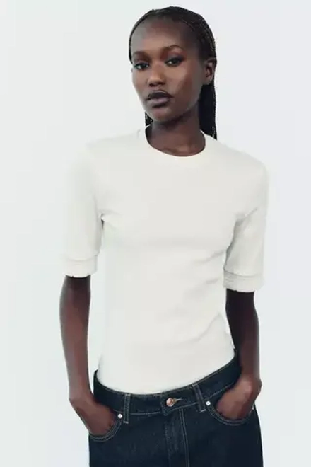 ZARA ТОП В РУБЧИК С ДЕКОРАТИВНЫМИ ДЕТАЛЯМИ, ЖЕЛТОВАТО-БЕЛЫЙ