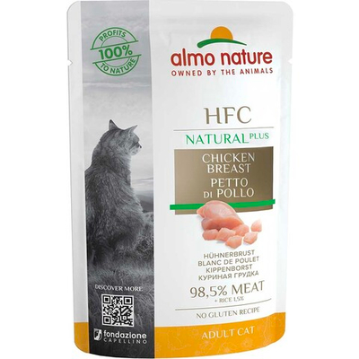 Almo Nature консервы для кошек "HFC Natural Plus" с куриной грудкой (98,5% мяса) 55 г пакетик