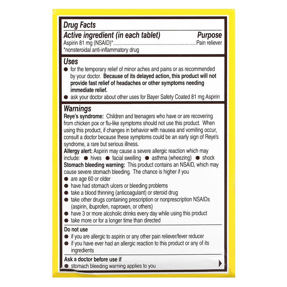 Bayer, Схема приема аспирина с безопасным покрытием, низкая доза, 81 мг, 120 таблеток, покрытых кишечнорастворимой оболочкой