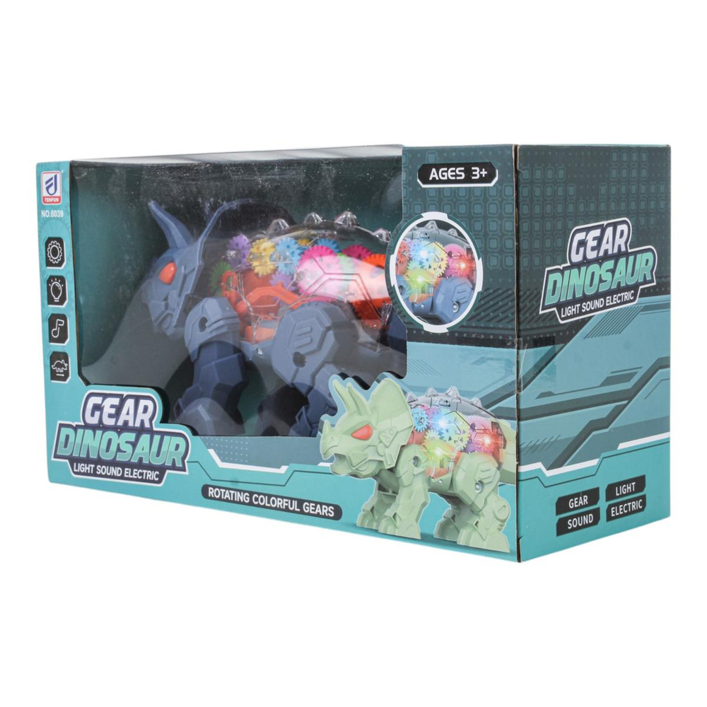 Динозавр на бат., 2 цв. в ассортименте, световые и звуковые эффекты, шестерёнки вращаются