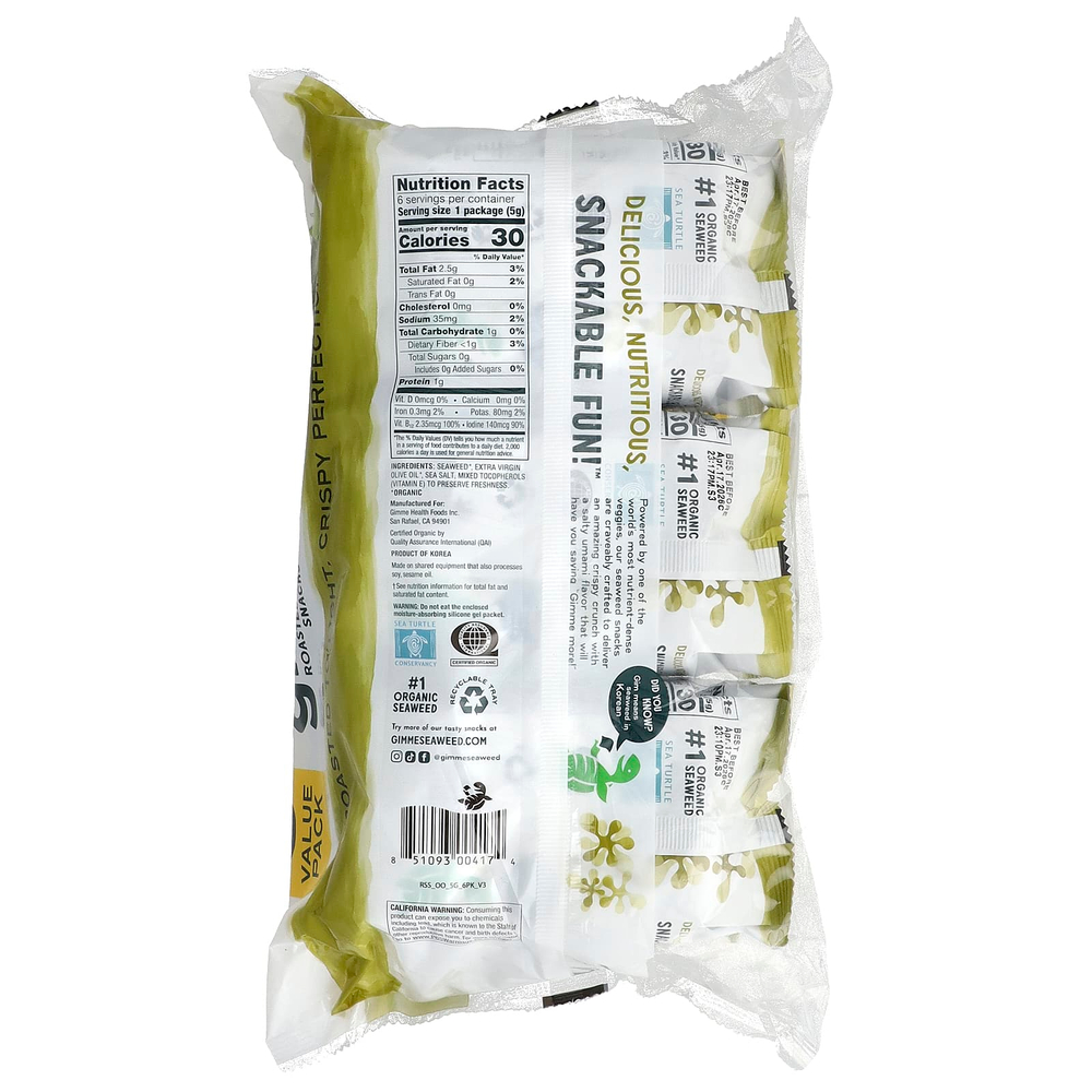 gimMe, снеки из жареных морских водорослей, нерафинированное оливковое масло высшего качества, 6 пакетиков 5 г (0,17 унции) каждый