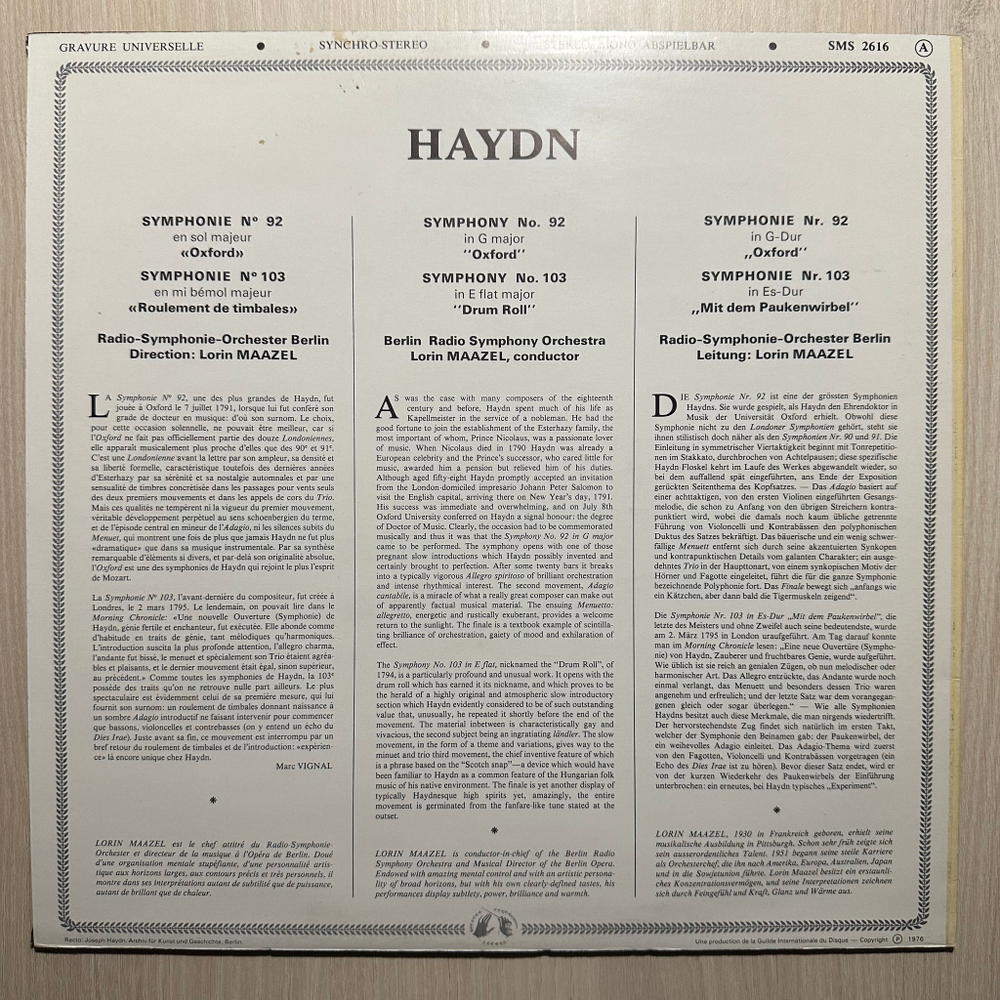 Гайдн - Симфония № 92 «Оксфорд» / Симфония № 103 «Барабанная дробь» (Франция 1976г.)