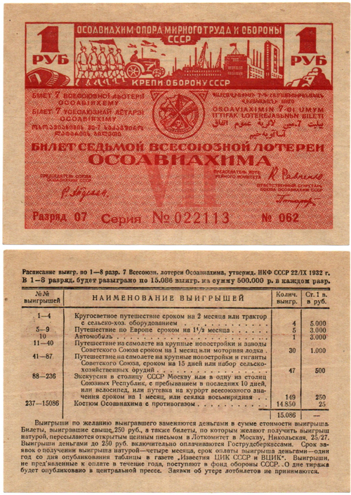 ОСОВИАХИМ. Седьмая Всесоюзная лотерея. 1932 год - 1 рубль
