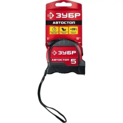 ЗУБР. Строительная рулетка 5м х 19 мм с автостопом и ударостойким обрезиненным корпусом.