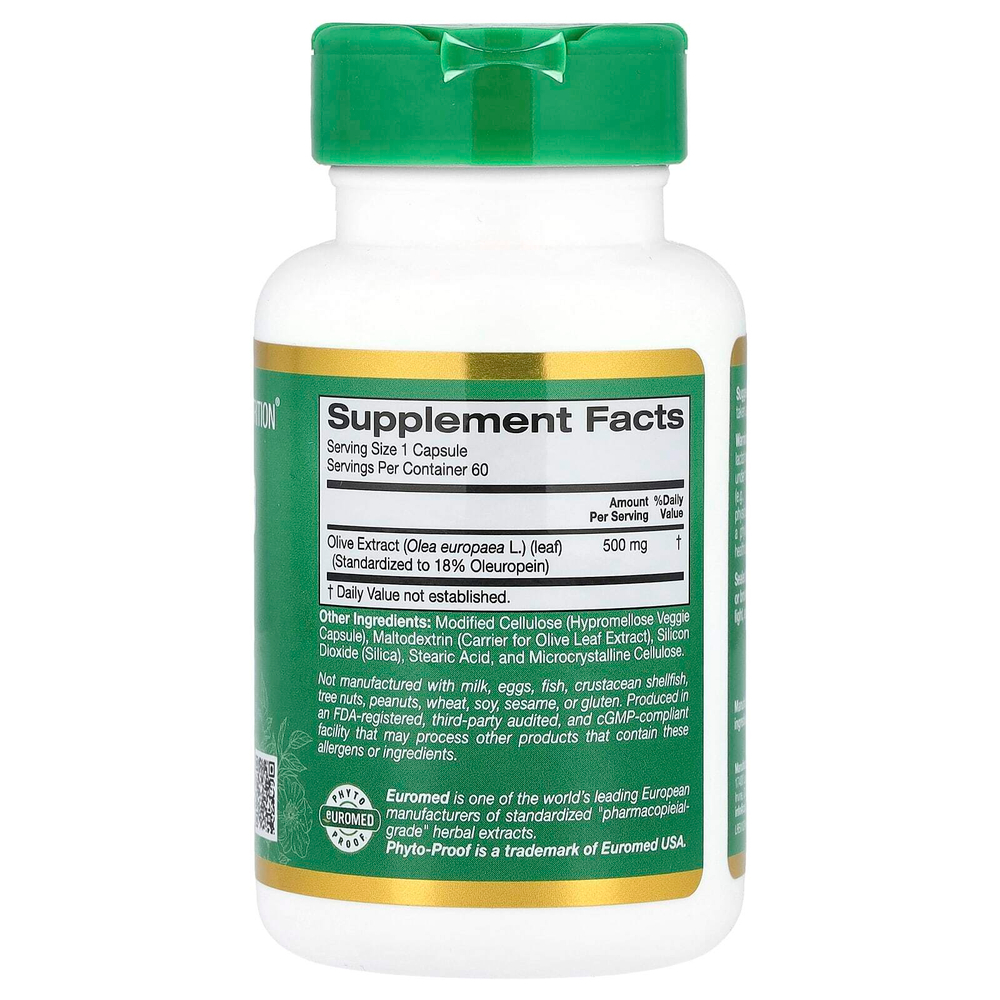 California Gold Nutrition, EuroHerbs™, экстракт листьев оливкового дерева, качество Euromed, 500 мг, 60 растительных капсул