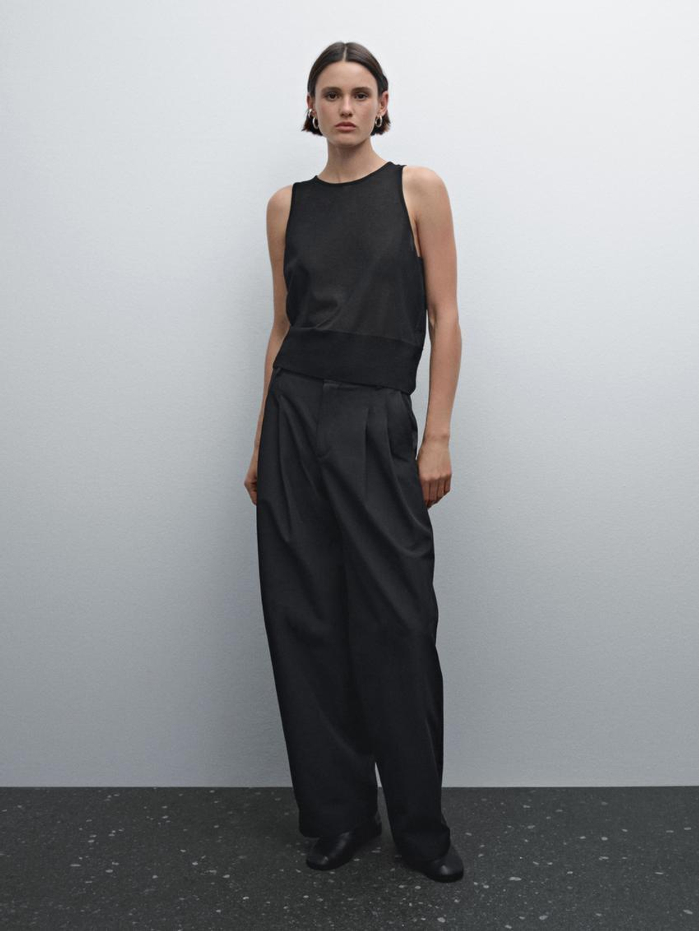 Massimo Dutti Широкие брюки из смесового хлопка со складками, черный