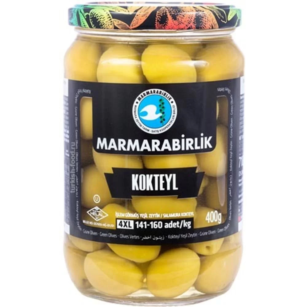 Оливки 4XL(141-160) с косточкой (KOKTEYL), Marmarabirlik, 400гр (стекло)