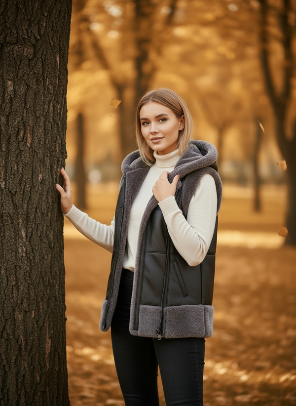 Жилет из натуральной овчины с капюшоном. 46-48 размер