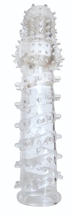 Закрытая прозрачная рельефная насадка с шипиками Crystal sleeve - 13,5 см. (Цвет: прозрачный)