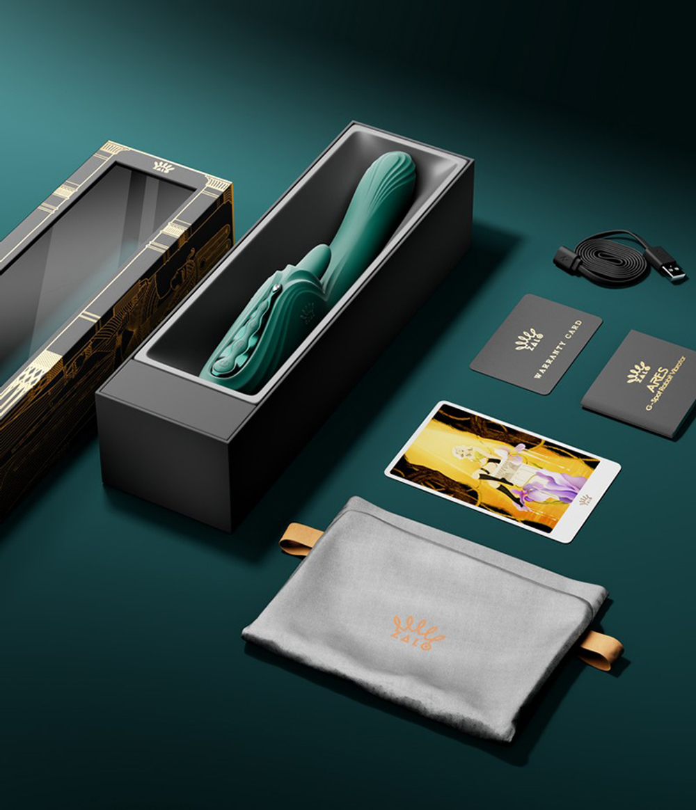 Зеленый вибратор-кролик 24,6см с функцией вылизывания и нагревом Zalo Ares G-Spot Rabbit Vibrator Turquoise Green