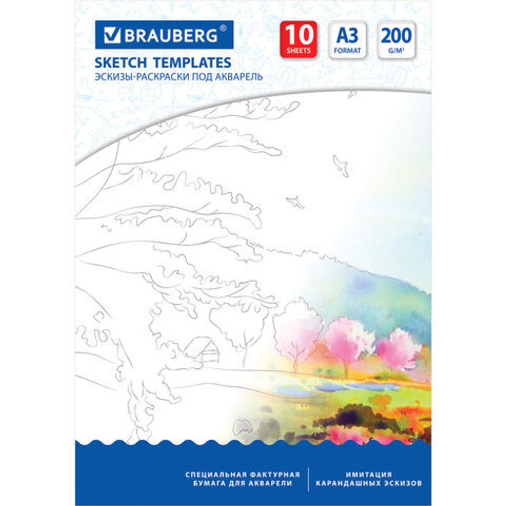 Папка для акварели С ЭСКИЗОМ, БОЛЬШАЯ А3, 10 л., 200 г/м2, BRAUBERG, 110065, 111065