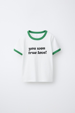 ZARA ФУТБОЛКА В РУБЧИК С КОНТРАСТНЫМ ТЕКСТОМ, ЦВЕТ МОРСКОЙ ВОЛНЫ