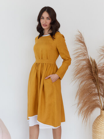 Платье с подъюбником Алиса из горчичного льна