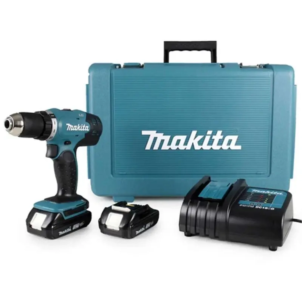 Makita DDF453SYE аккумуляторный шуруповерт (2 x 1.5 Ач, ЗУ) с набором сверл, очками и перчатками DDF453SYE/D-20769/PGW-180