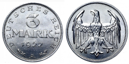 Германия 3 марки, 1922 Герб XF