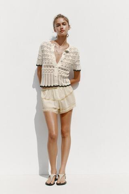 ZARA КАРДИГАН С КОРОТКИМИ РУКАВАМИ И АЖУРНОЙ ВЯЗКОЙ, БЕЛЫЙ/ЧЕРНЫЙ