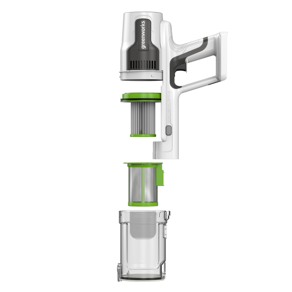 Пылесос вертикальный акк. Greenworks SV24360, 24V, б/щет, 250 Вт, 17 кПа, электрощетка, 2 насадки, LED, белый+серебро, 1х4Ач и ЗУ (4702107UB)