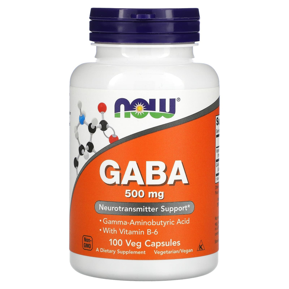 NOW Foods, GABA с витамином B6, 500 мг, 100 растительных капсул