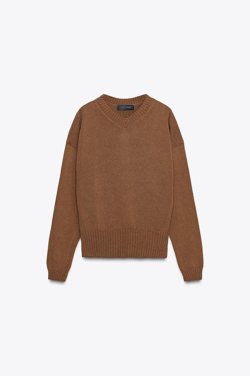 ZARA ТРИКОТАЖНЫЙ ДЖЕМПЕР С V-ОБРАЗНЫМ ВЫРЕЗОМ, КОРИЧНЕВЫЙ