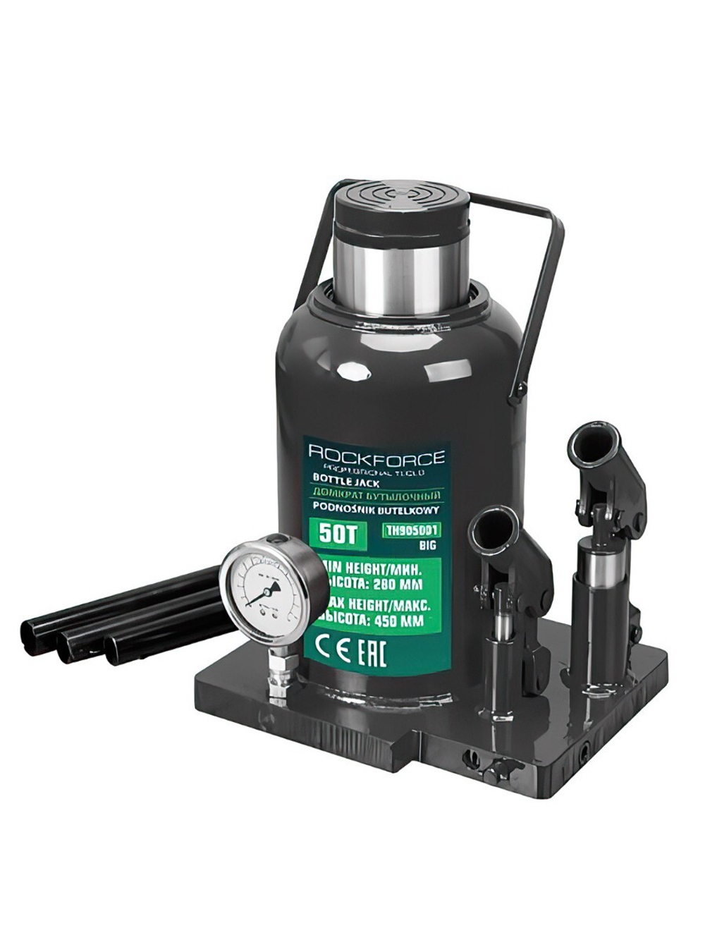 Домкрат бутылочный 50т с манометром (h min-280мм, h max-450мм) RockForce RF-TH905001 BIG