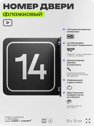 Табличка флажковая с номером 14 на дверь квартиры, для офиса, кабинета, аудитории, склада, черная двустороняя 19х19 см, Айдентика Технолоджи