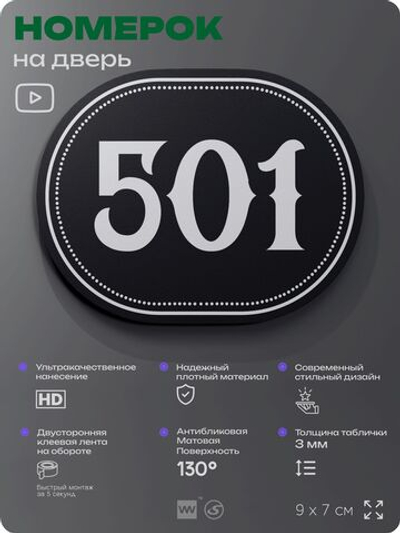 Номерок на дверь квартиры 501, для кабинета, офиса, шильдик 9 х 7 см, черный, Айдентика Технолоджи