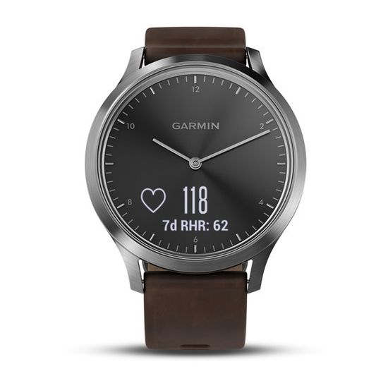 Умные часы Garmin Vívomove HR Premium серебряные с темно-коричневым большим кожаным ремешком 010-01850-24