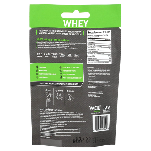 Vade Nutrition, Пакетики с растворимым протеином, 100% изолят сыворотки, шоколадный молочный коктейль, 25 г (0,06 фунта)