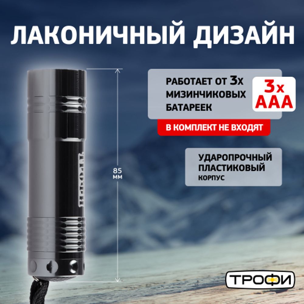 Светодиодный фонарь Трофи TM9 ручной на батарейках алюминиевый | Трофи