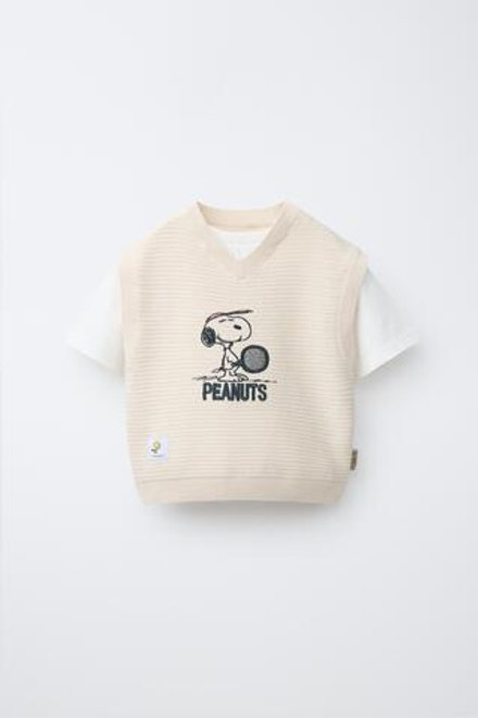 ZARA ВЯЗАНЫЙ ЖИЛЕТ С ВЫШИВКОЙ SNOOPY PEANUTS™, ЭКРЮ