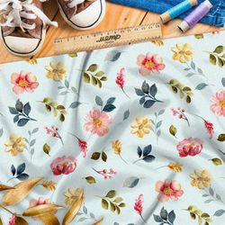 Ткань сатин яркие полевые цветы и листья на белом фоне