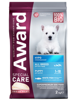 Сухой корм AWARD SPECIAL CARE HYPO PUPPY со свежей белой рыбой для щенков от 1 мес., беременных и кормящих собак всех пород, склонных к аллергии
