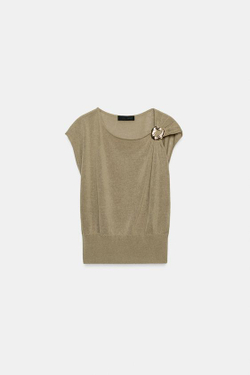 ZARA ТРИКОТАЖНЫЙ ТОП С ДЕКОРОМ, ТЕМНЫЙ БЕЖЕВО-КОРИЧНЕВЫЙ