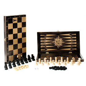 Игра 3в1 большая венге, рисунок золото с буковыми шахм. Гравюра