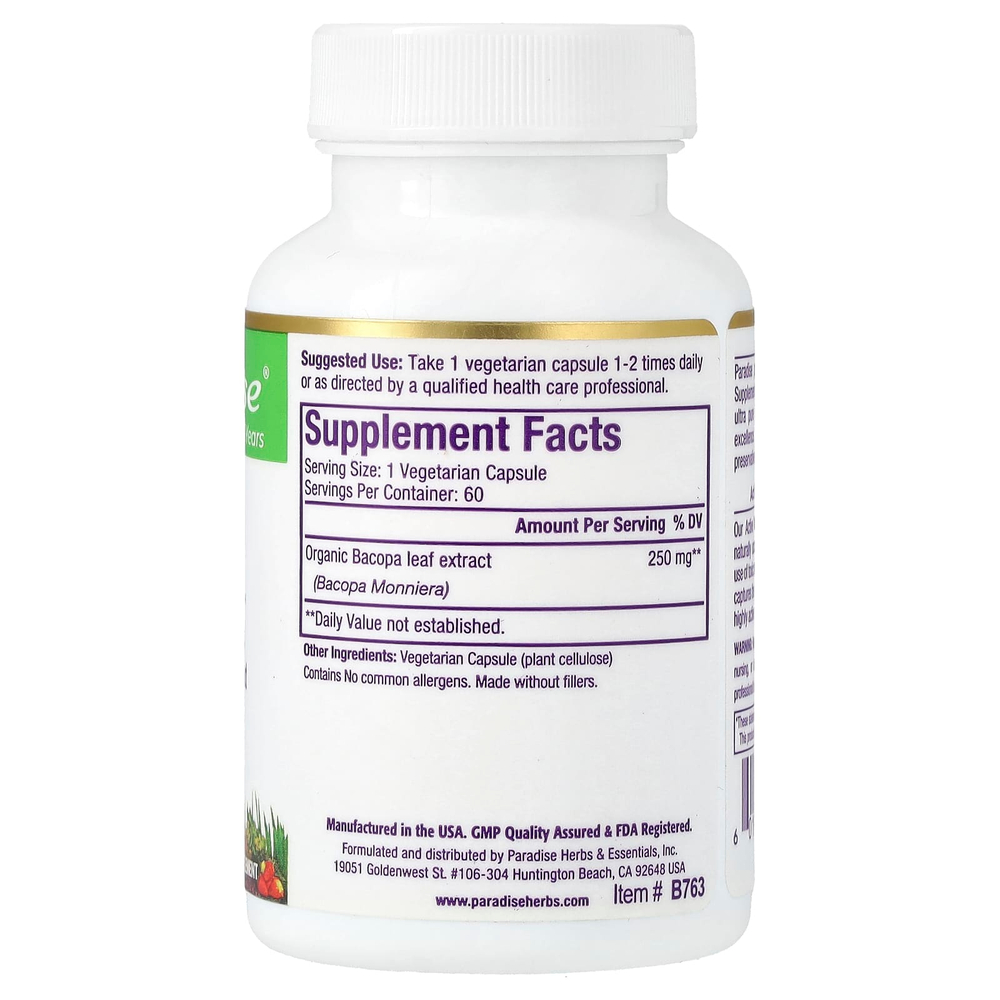 Paradise Herbs, бакопа, 60 вегетарианских капсул (250 мг в 1 капсуле)