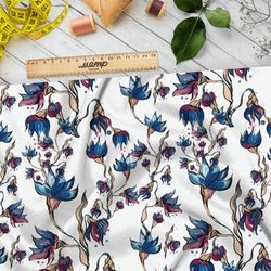 Ткань сатин голубые цветы на белом