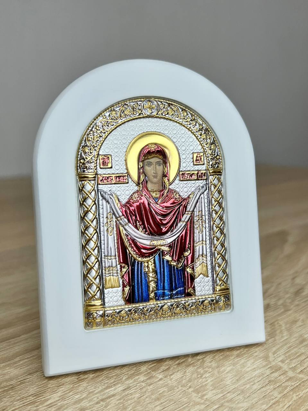 Покрова БМ, икона арочная, белое дерево, эмаль 86х112
