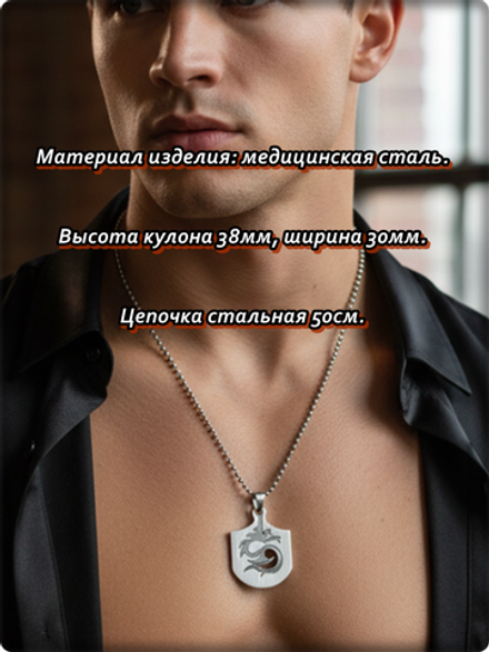 Кулон стальной "Дракон" на цепочке.