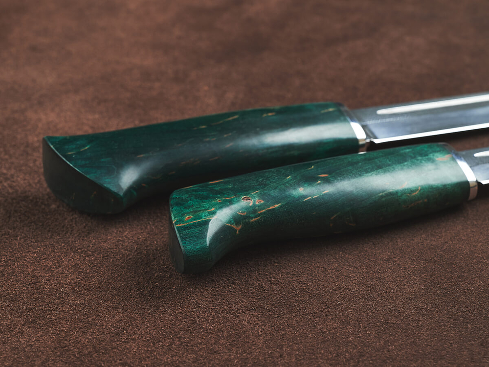 Спарка Финских ножей, сталь Х12МФ, рукоять зеленая стабилизированная карельская береза
