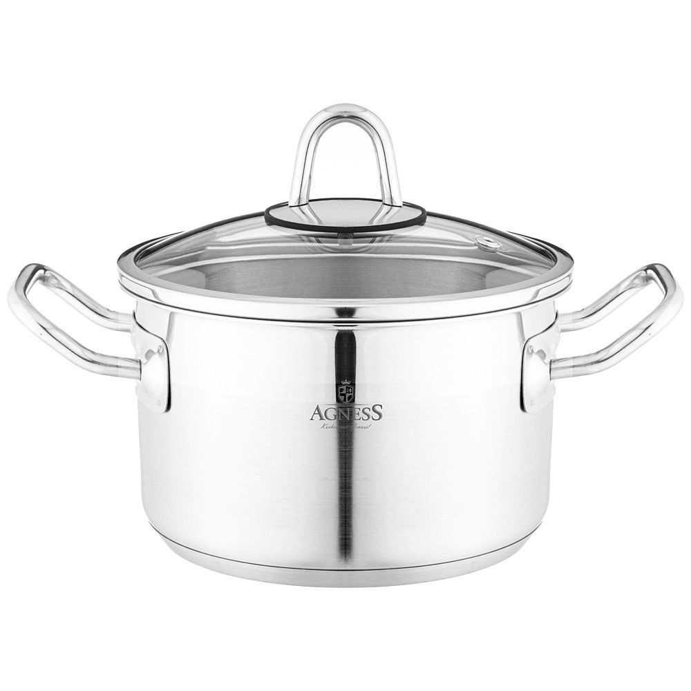 КАСТРЮЛЯ AGNESS 16X10 СМ 1,8 Л ВЫСОКОКАЧЕСТВЕННАЯ НЕРЖ СТАЛЬ 18/10 СО СТЕКЛ.КРЫШКОЙ