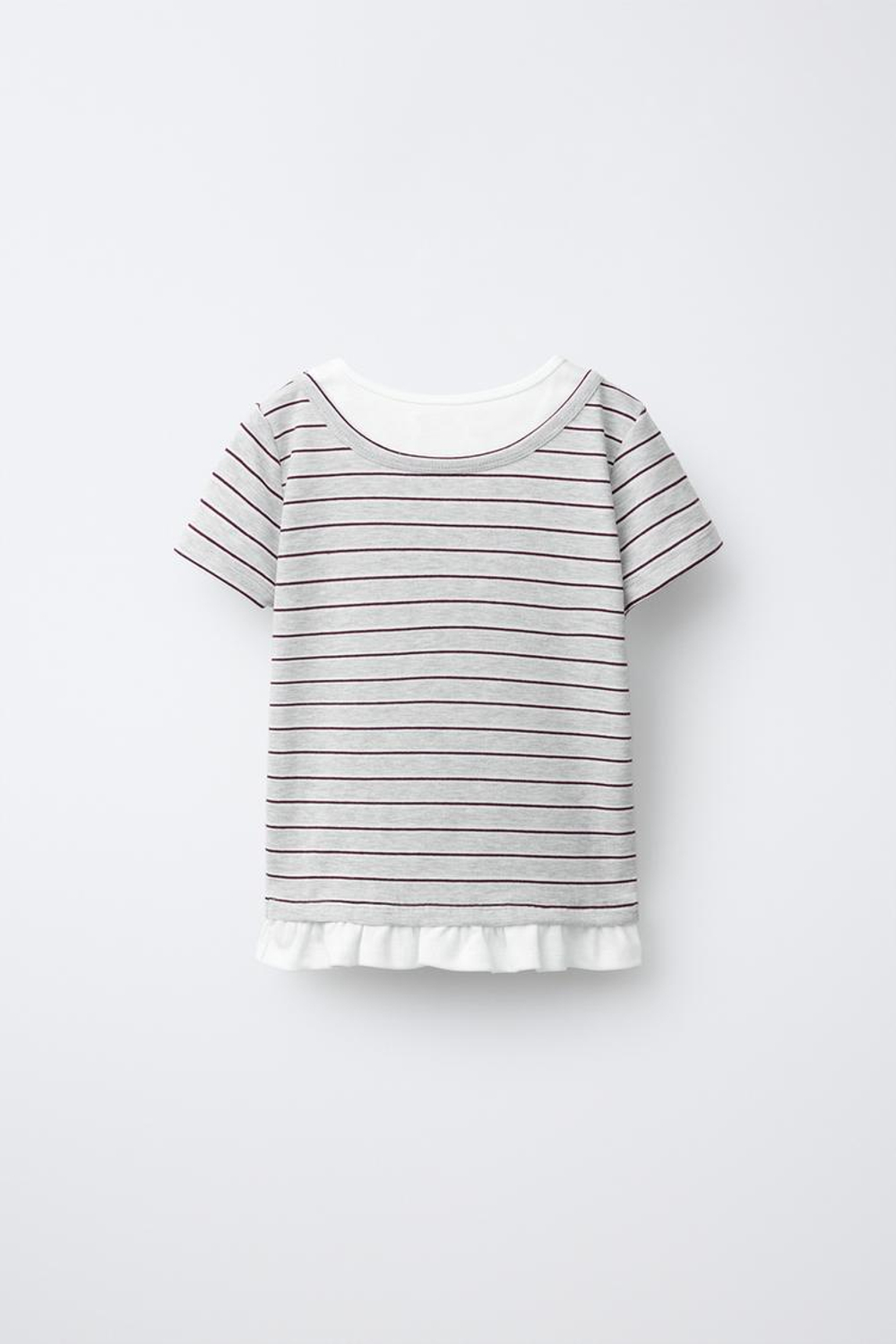 ZARA ФУТБОЛКА В ПОЛОСКУ С ДВОЙНЫМ ВОРОТНИКОМ, СЕРЫЙ МЕЛАНЖ