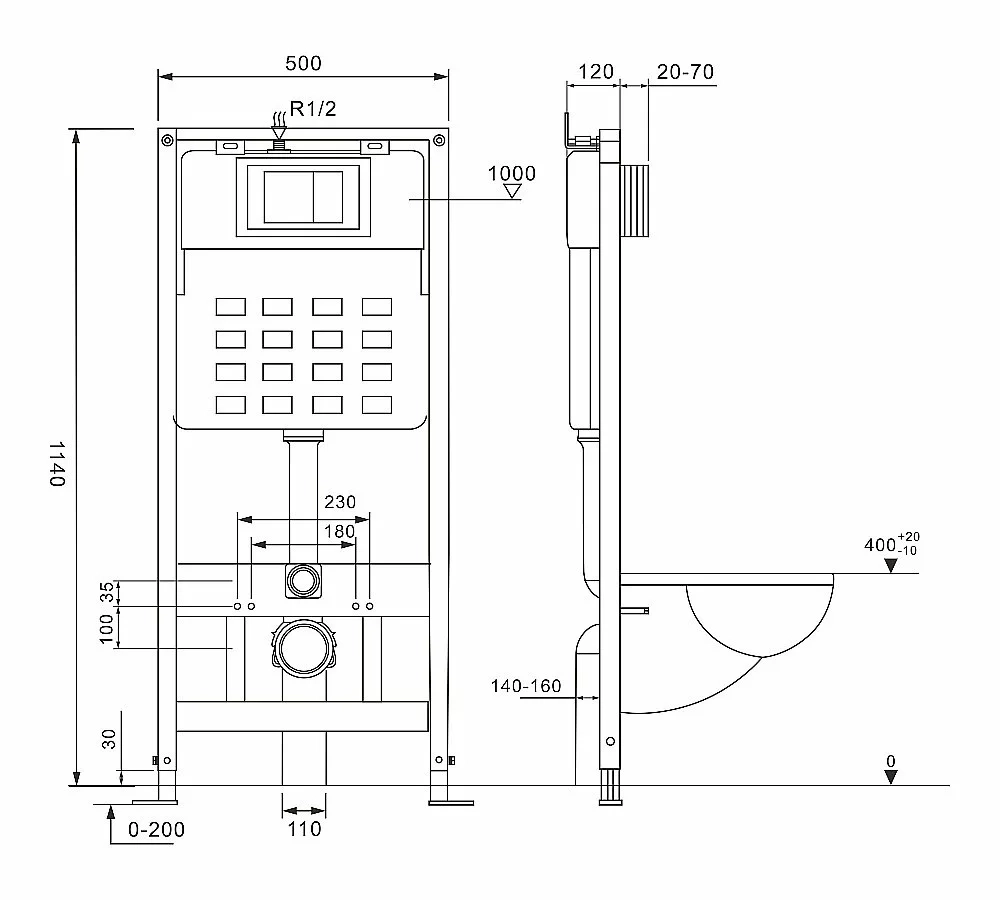 Унитаз подвесной ABBER Bequem AC1100MB с инсталляцией AC0105 и кнопкой AC0121MB черная матовая, с крышкой микролифт, безободковый