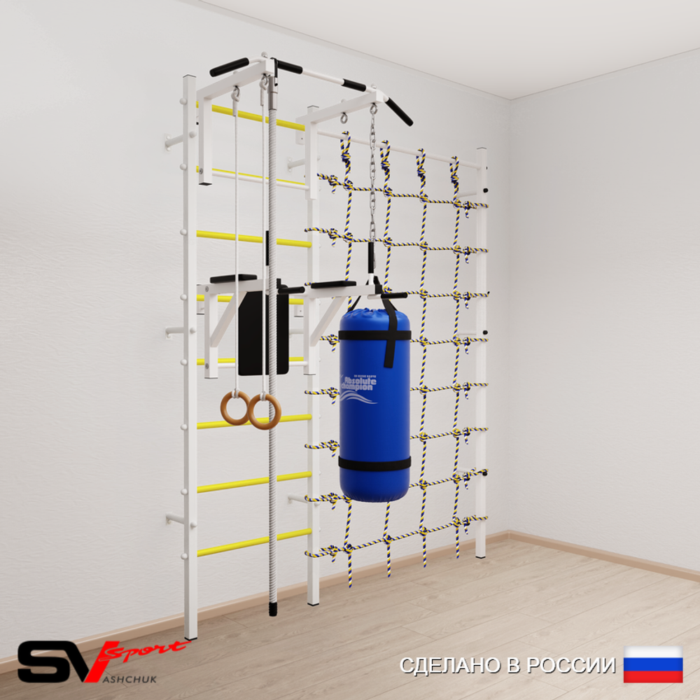 Шведская стенка Sv Sport усиленная 67410 (Турник стандарт/Брусья/Канат/Кольца/Цепь/Мешок 15кг/Канатный лаз)