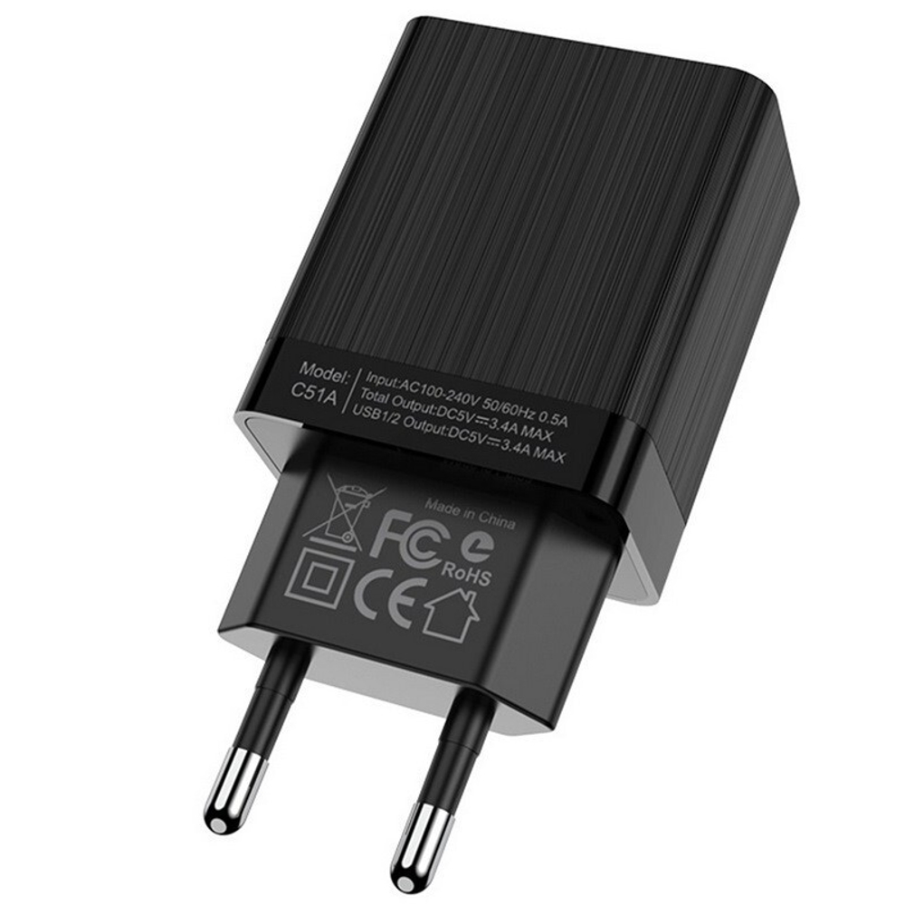 Сетевой адаптер питания HOCO C51A 2USB 3.4A (черный)