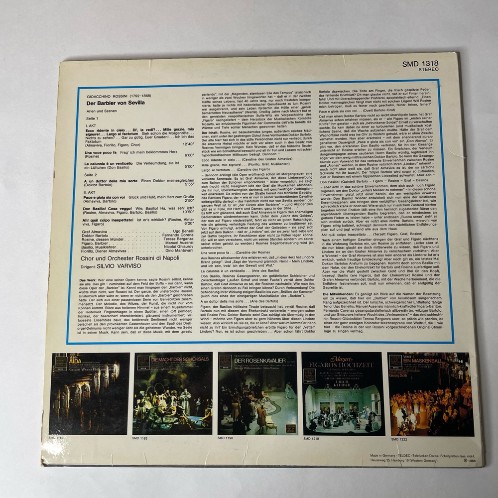 Винтажная виниловая пластинка LP Gioacchino Rossini, Teresa Berganza, Fernando Corena, Nicolai Ghiaurov, Севильский Цирюльник Опера, Der Barbier Von Sevilla (Германия 1975)