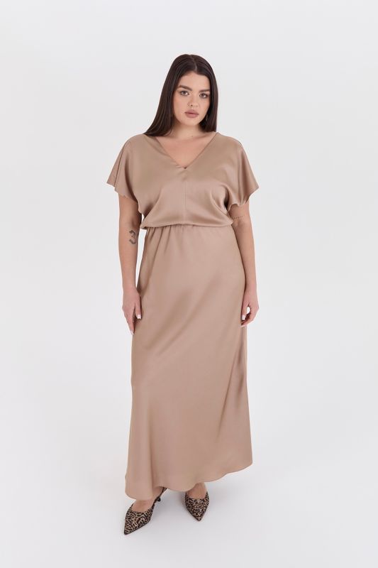 Платье макси из атласа, бежевый