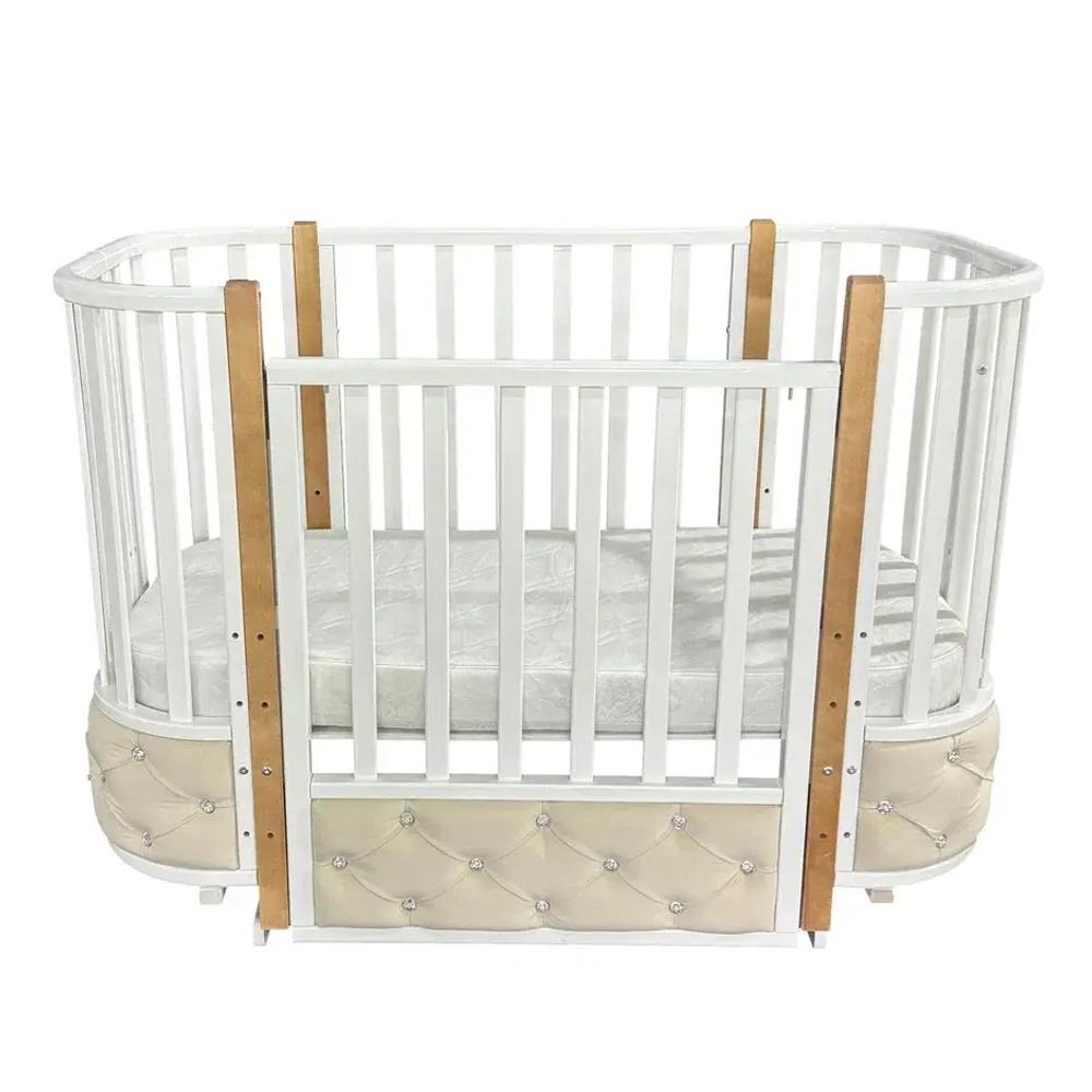 Детская кроватка ESENIA 2 с мягкой вставкой велюр (поперечный маятник, съемная стенка, колеса)