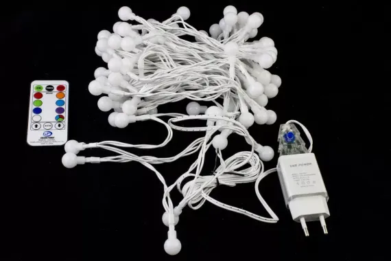 Светодиодная нить шарики с пультом 11,5 м., 220V, 96 разноцветных LED ламп, диаметр шарика 1.6 см, белый провод, Winner Light (m.01.5W.96-1.6ball)